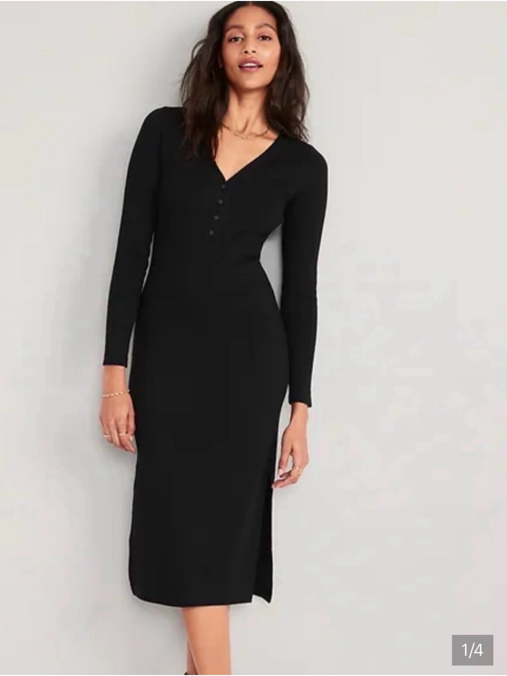 Old Navy Black Long-Sleeve V-Neck Button-Front Midi Dress
